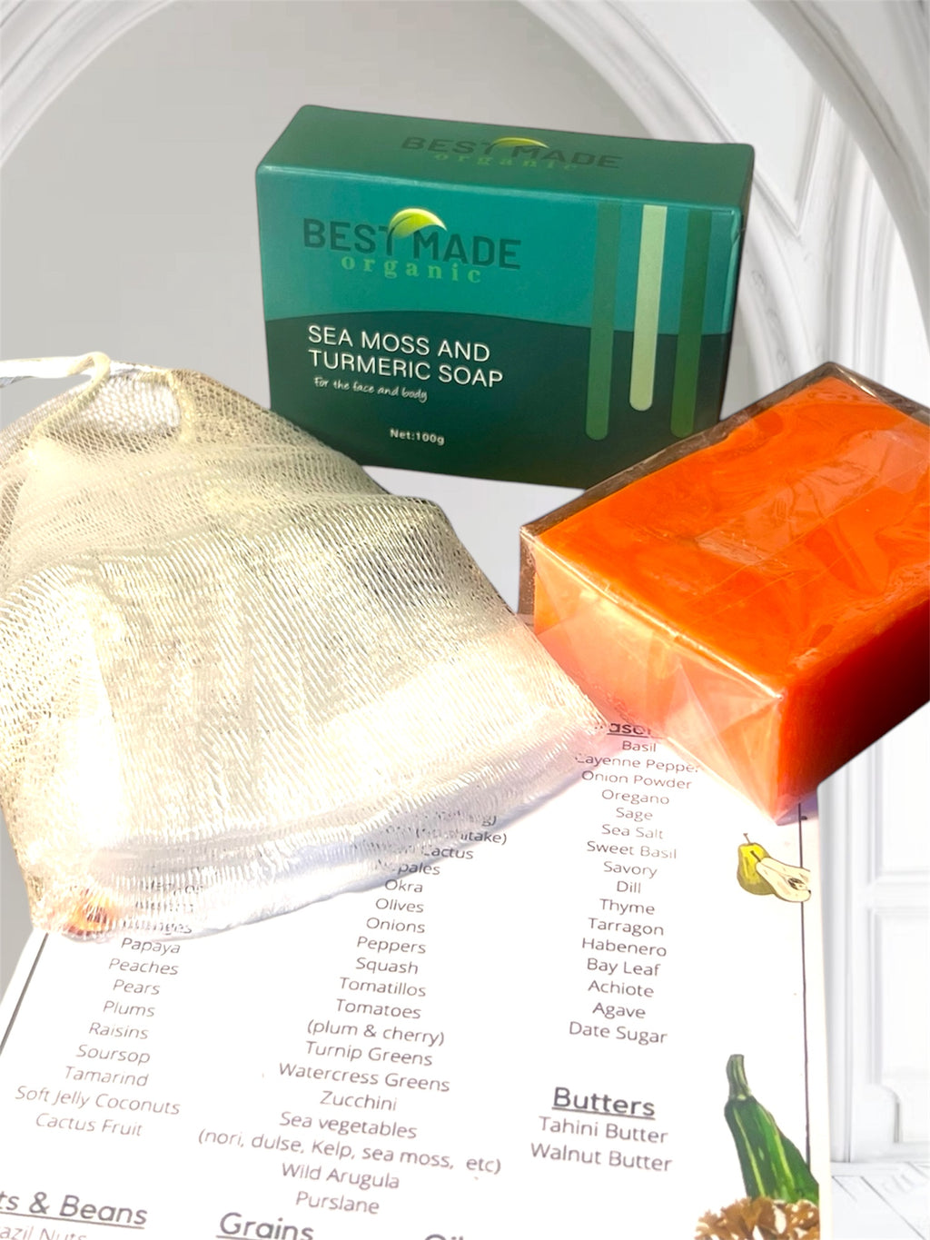 Best Made Naturals Sea Moss & Turmeric Soap 100g - Vegan Handmade Body Cleanser with Mesh Scrubber for Daily Gentle Exfoliation & Skin Nourishment - Aroma Moisture Nourishing