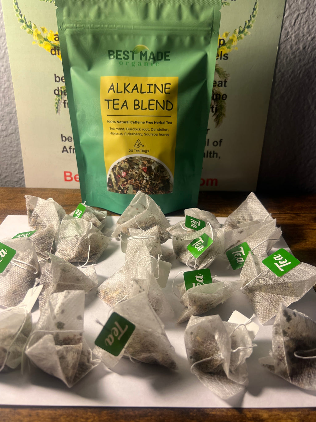 Alkaline Tea Blend of sea moss, burdock, dandelion, elderberry, hibiscus and soursop leaves