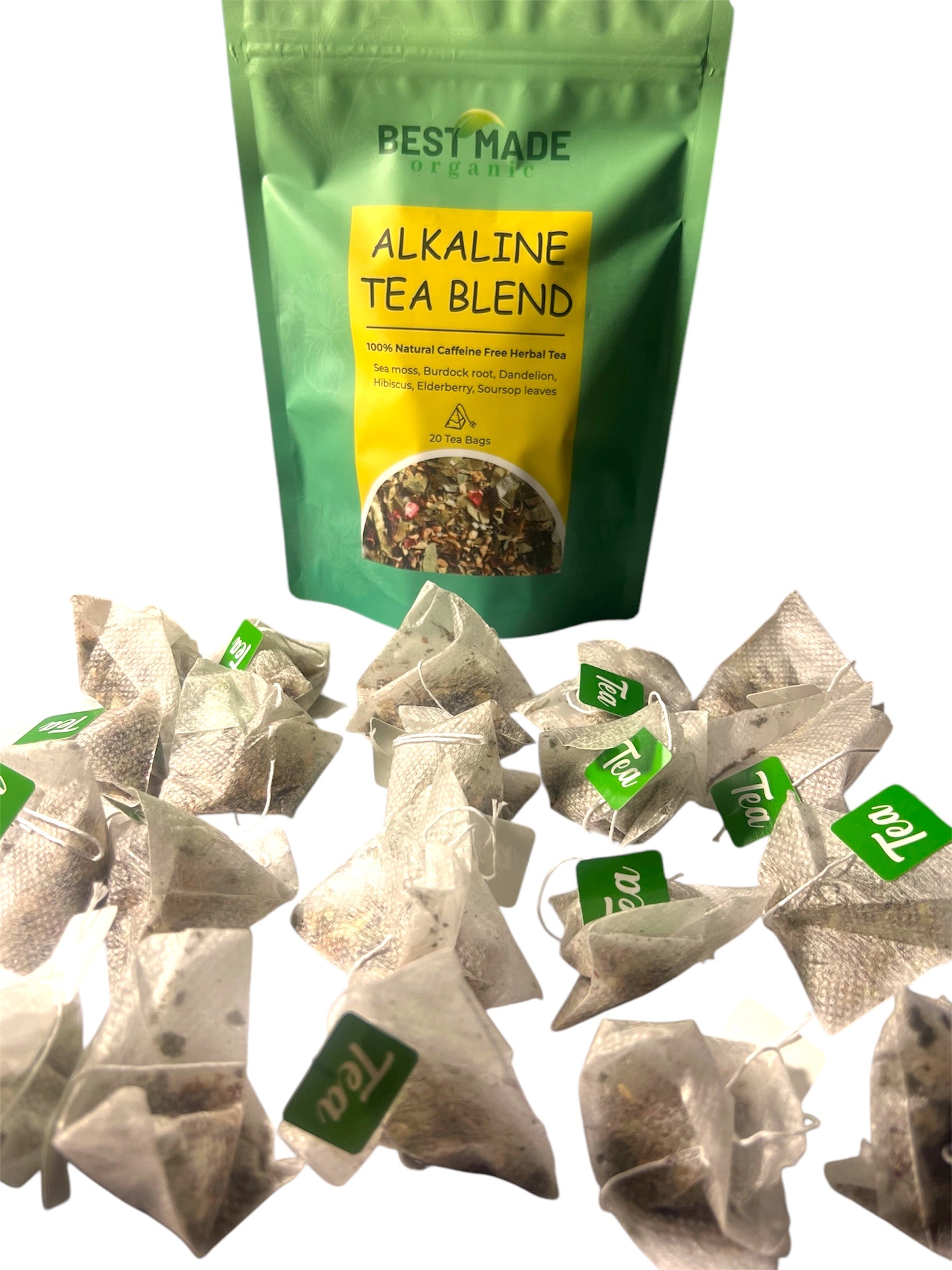 Alkaline Tea Blend of sea moss, burdock, dandelion, elderberry, hibiscus and soursop leaves