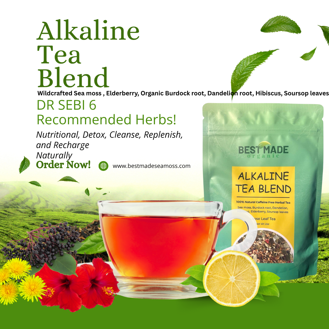 Alkaline Tea Blend of sea moss, burdock, dandelion, elderberry, hibiscus and soursop leaves