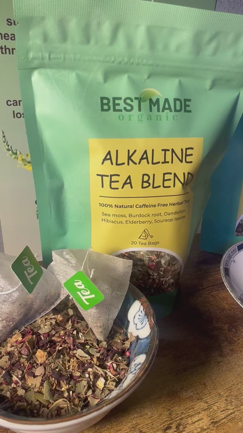 Alkaline Tea Blend of sea moss, burdock, dandelion, elderberry, hibiscus and soursop leaves